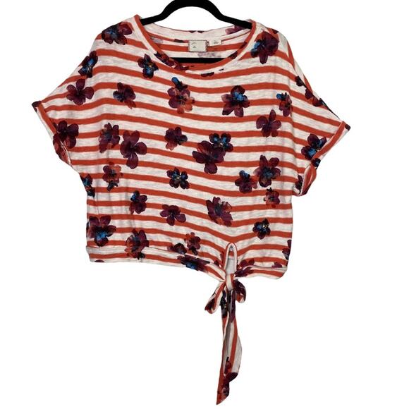 Anthropologie Postmark Red White Striped Floral Tie Front Top Size Small - Picture 1 of 7